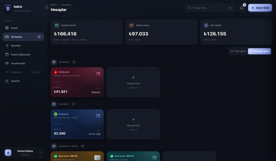 Bakio hesaplar — bankalarına göre gruplanmış hesap kartları