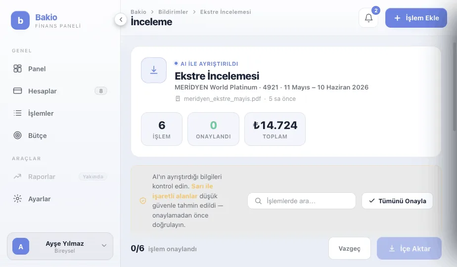 Bakio ekstre inceleme ekranı — okunan işlemleri onaylama